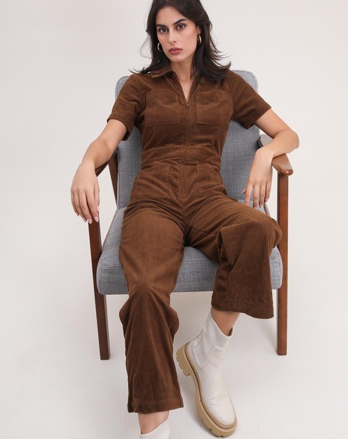 Jumpsuit korte mouw velours kaki